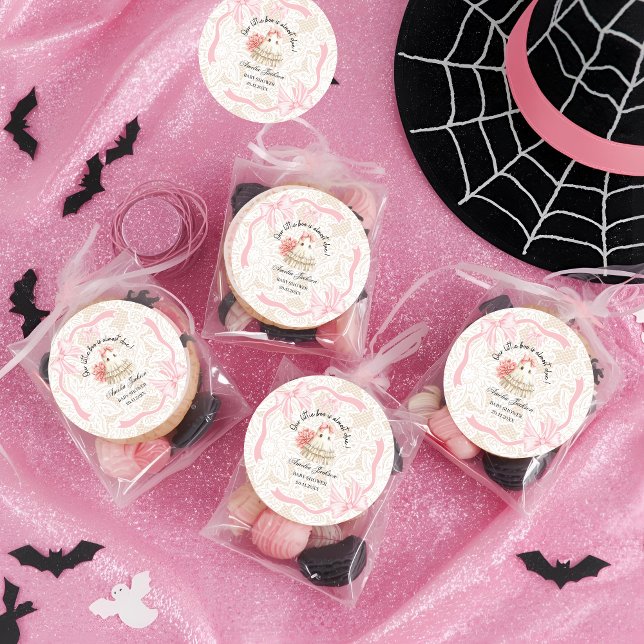 Adesivo Redondo convite para chás de fraldas de fantasma fofo rosa (Criador carregado)