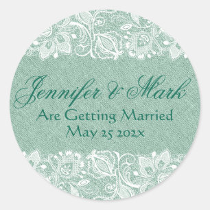 Adesivo Redondo Convite Verde Linen Burlap e White Floral Lace 2