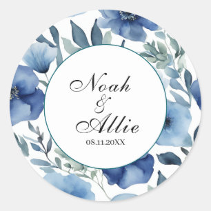 Adesivo Redondo Convites para Casamento Floral Serene Blue