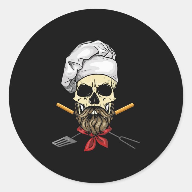 Adesivo Redondo Cook Grill Mestre Chef Skull Face Halloween Presen (Frente)