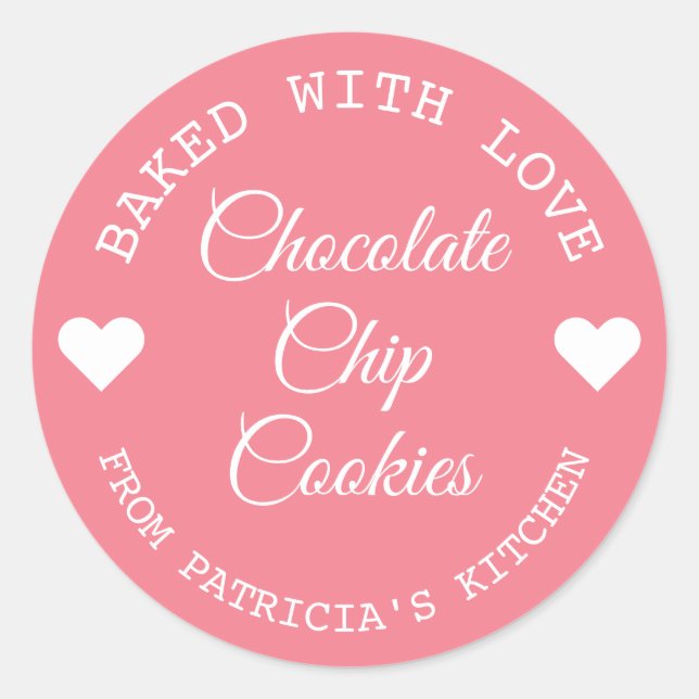 Adesivo Redondo Cookies De Choco Feitos Com Amor, Rosa E Branco (Frente)