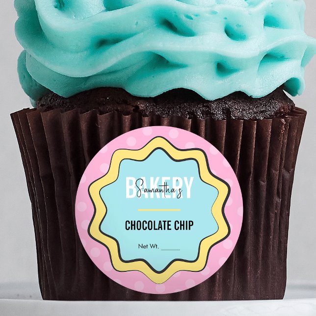 Adesivo Redondo Cookies de cozinha de pastelaria com nostalgia e m (Fun retro bakery labels in pastel pink and blue colors, perfect to add to your cookies, cupcakes etc)