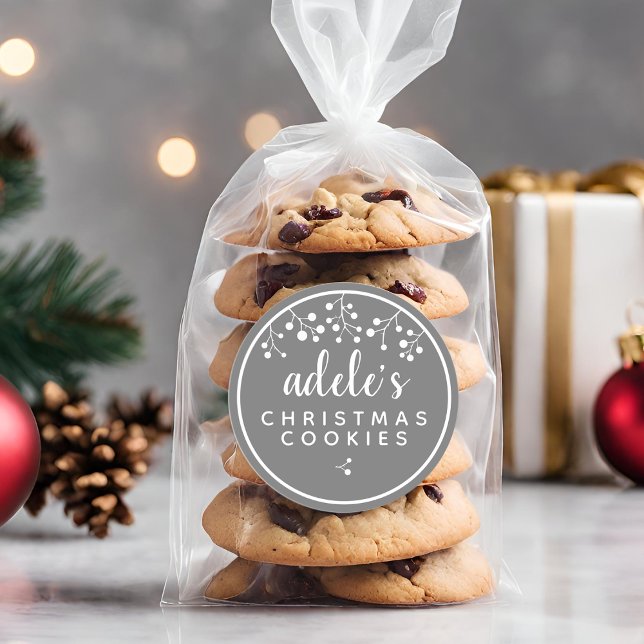 Adesivo Redondo Cookies de Natal Cinzas Personalizadas (Christmas Cookies Personalized Gray Classic Round Sticker)