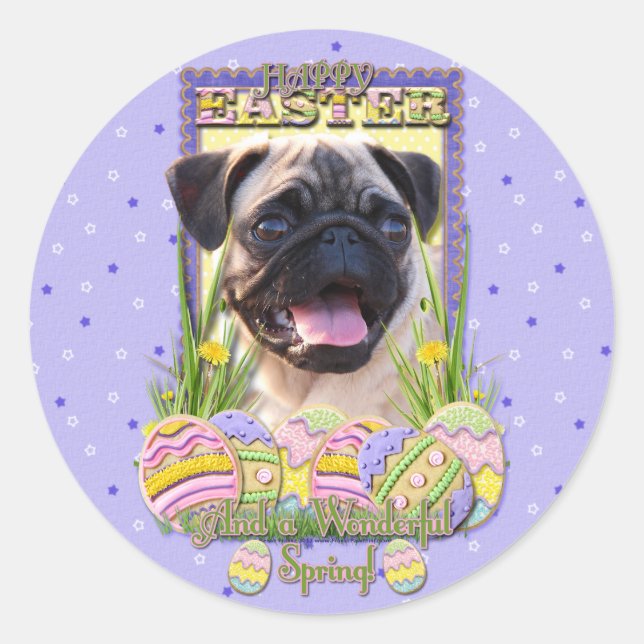 Adesivo Redondo Cookies de Ovos de Páscoa - Pug (Frente)