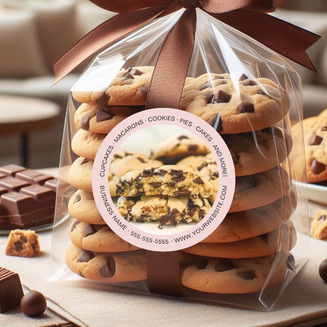 Adesivo Redondo Cookies Fotográficos Personalizados de Panificação (Bakery Custom Photo Cookies Pink Classic Round Sticker)