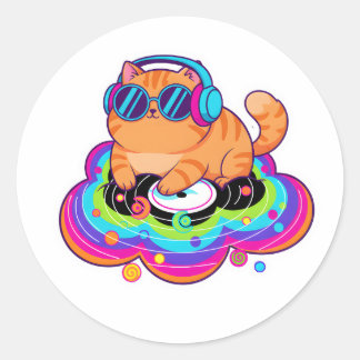Adesivo Redondo Cool DJ Orange Cat with Headphones on Rainbow Clou