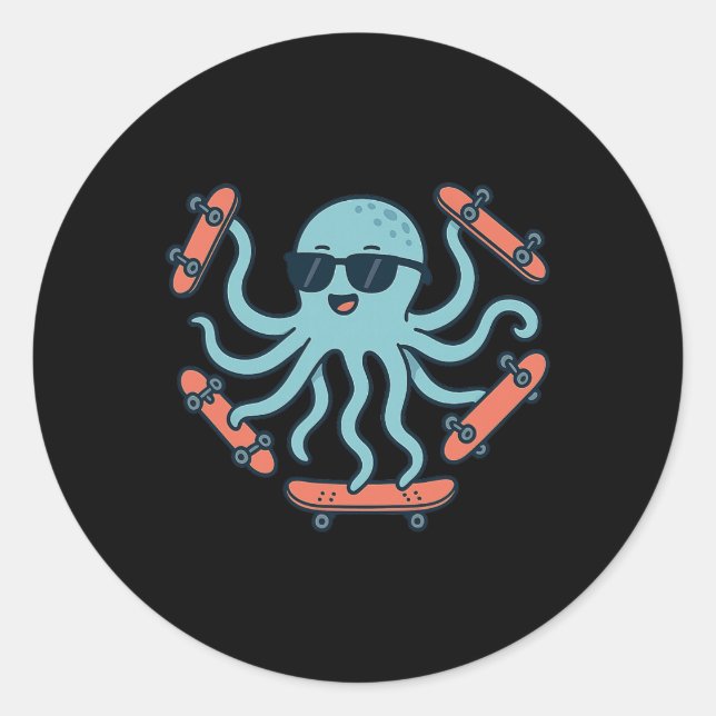 Adesivo Redondo Cool Octopus Skateboarding Cartoon  (Frente)