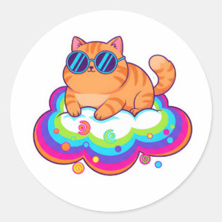 Adesivo Redondo Cool Orange Cat Wearing Sunglasses on Rainbow Clou