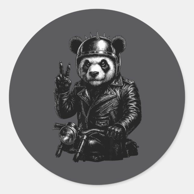 Adesivo Redondo Cool Panda Punk Peace Sign Motorcycle  (Frente)