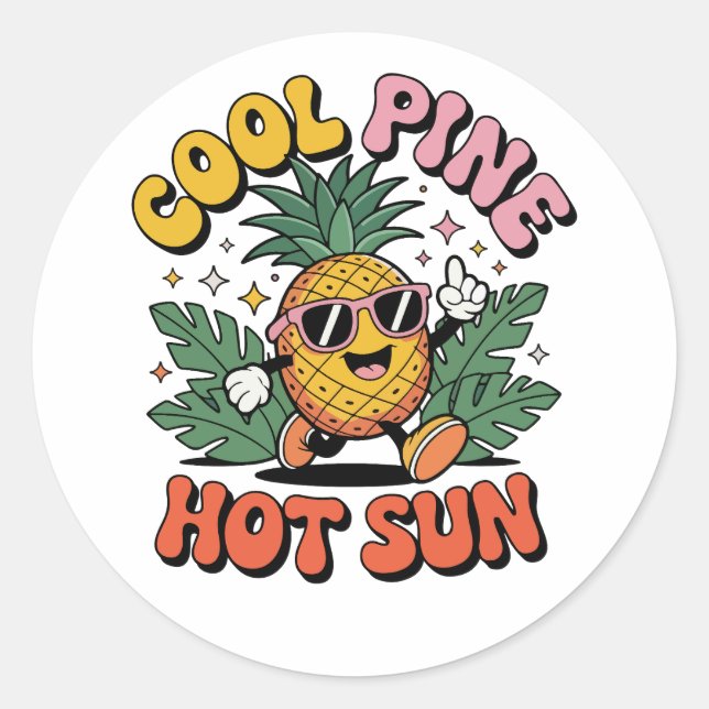 Adesivo Redondo Cool Pine Hot Sun Retro Pineapple Summer Vibes (Frente)