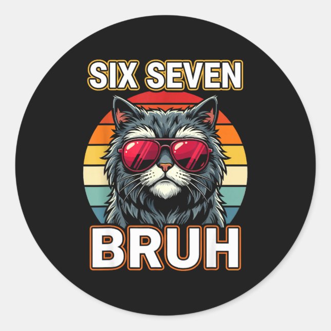 Adesivo Redondo Cool Retro Six Seven Bruh Cat Sungles Meme 67  (Frente)