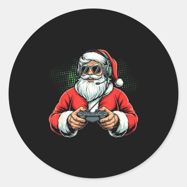 Adesivo Redondo Cool Santa Playing Video Games Christmas Gamer Boy (Frente)