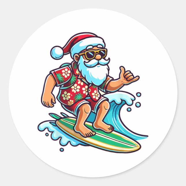 Adesivo Redondo Cool Surfing Santa Christmas In July Summer Beach  (Frente)