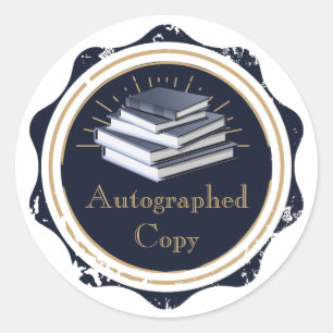 Adesivo Redondo Cópia Autografada, Livros Empilhados