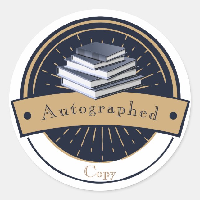 Adesivo Redondo Cópia Autografada, Pilha de Livros (Frente)
