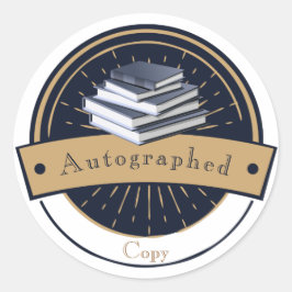 Adesivo Redondo Cópia Autografada, Pilha de Livros