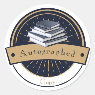 Adesivo Redondo Cópia Autografada, Pilha de Livros