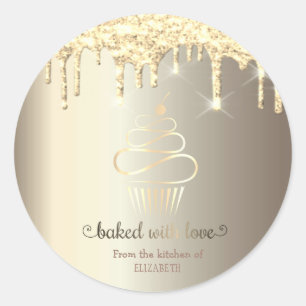 Adesivo Redondo Copo de Bolo de Cozinha com Brilho em Rosa Dourado