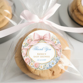 Adesivo Redondo Coquette Bow Bloom Baby Shower Thank You