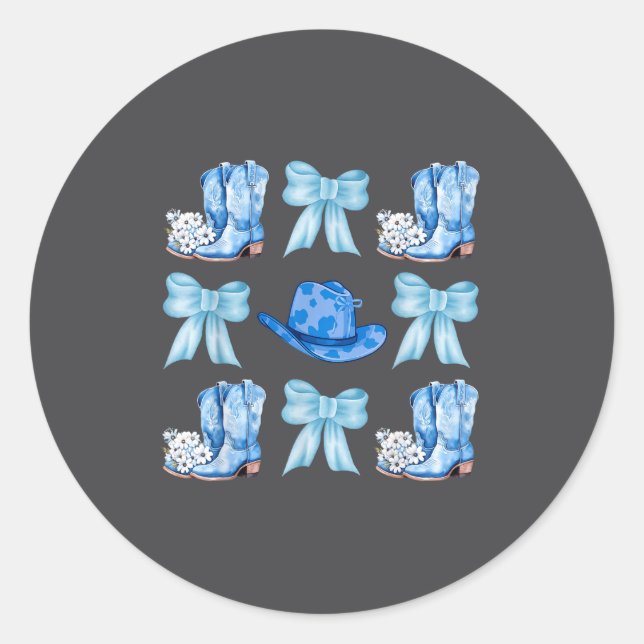 Adesivo Redondo Coquette Bow Cowgirl Boots Blue Bows Hat Western R (Frente)