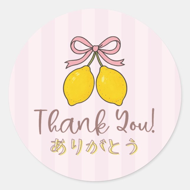 Adesivo Redondo Coquette Cute Lemon Pink Bow Thank You Japanese (Frente)