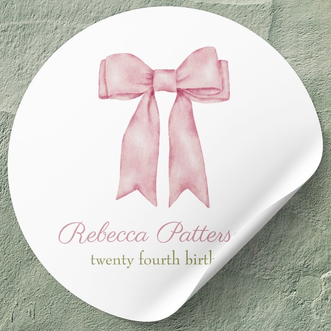 Adesivo Redondo Coquette Pink Watercolor Arco Festa Feminina (coquette aesthetic pink bow party sticker personalized party supplies tea party cute feminine bday)