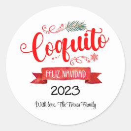 Adesivo redondo Coquito Red banner Feliz Navidad