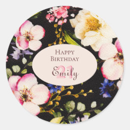 Adesivo Redondo Cor da Água Rosa e Rosas Amarelas em Preto, Aniver