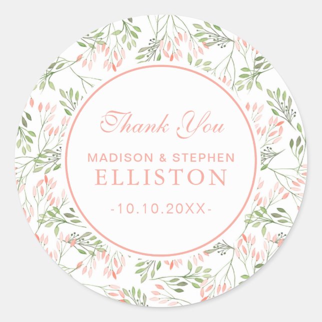 Adesivo Redondo Cor de Água Botânica Verde e Rosa | Obrigado (Frente)