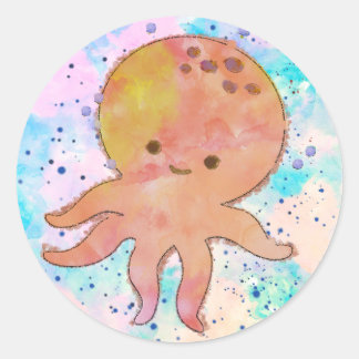 Adesivo Redondo Cor de Água do Cartoon de Octopus