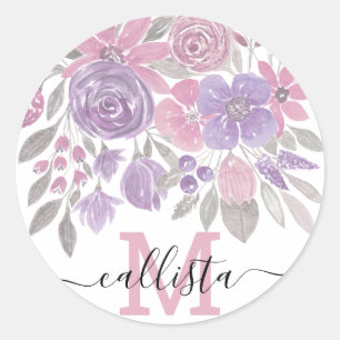 Adesivo Redondo Cor de Água Floral Verde Púrpura, Rosa, Sage Ver