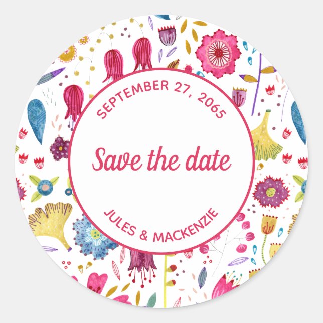 Adesivo Redondo Cor de Água Moderna Púrpura Rosa Floral (Frente)