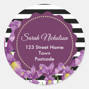 Adesivo Redondo Cor-de-água Roxo Irrisões Pretas Florais