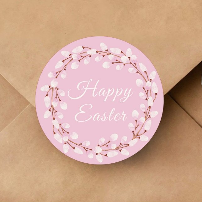 Adesivo Redondo Cor-de-rosa Felz pascoa selvagem (Cute Willow Happy Easter Pink Classic Round Sticker)