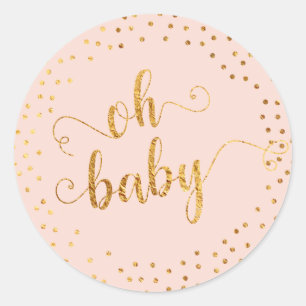 Adesivo Redondo Cor-de-rosa "Oh Baby" Faux Gold Foil Confetti