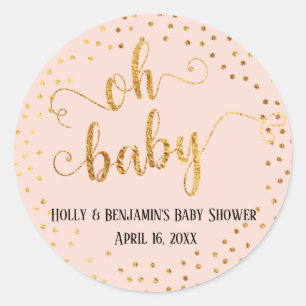 Adesivo Redondo Cor-de-rosa "Oh Baby" Faux Gold Foil Confetti