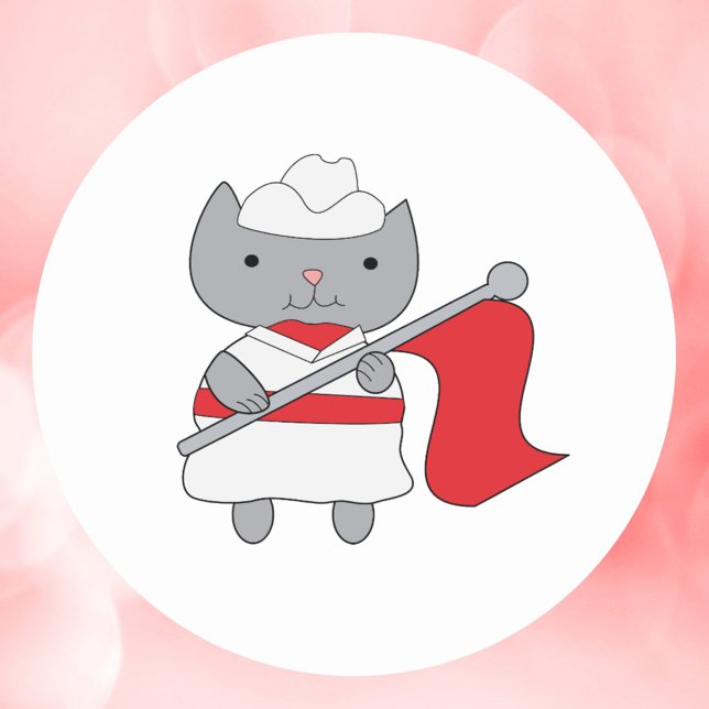 Adesivo Redondo Cor do Gato - Guarda Vermelho Branco (A sticker featuring a gray kitty cat in a red and white color guard uniform.)
