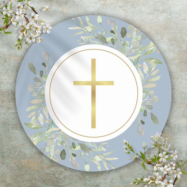 Adesivo Redondo Cor Dourada simples de cruz verde azul poeirento (Simple Gold Cross Watercolor Greenery Dusty Blue Classic Round Sticker)