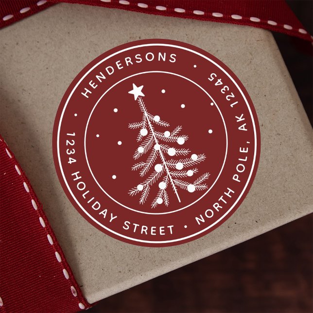 Adesivo Redondo Cor Editável Árvore de Natal Endereço de Devolução (Criador carregado)