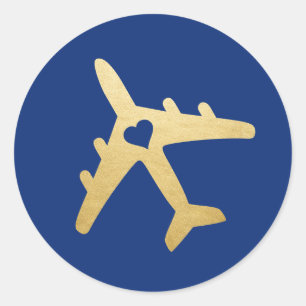 Adesivo Redondo COR EDITÁVEL DO Tema do Viagem do avião Dourado