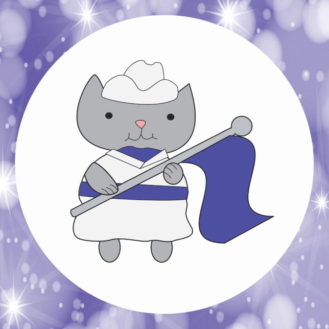 Adesivo Redondo Cor Guarda Azul Branco (A cute sticker with a gray cat dressed in a blue and white color guard outfit.)