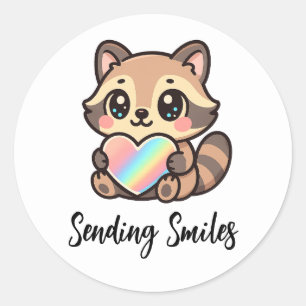 Adesivo Redondo Coração Arco-íris Feliz Guaxinim Kawaii Enviando S