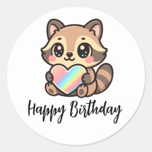 Adesivo Redondo Coração Arco-Íris Feliz Kawaii Guaxinim Feliz Aniv