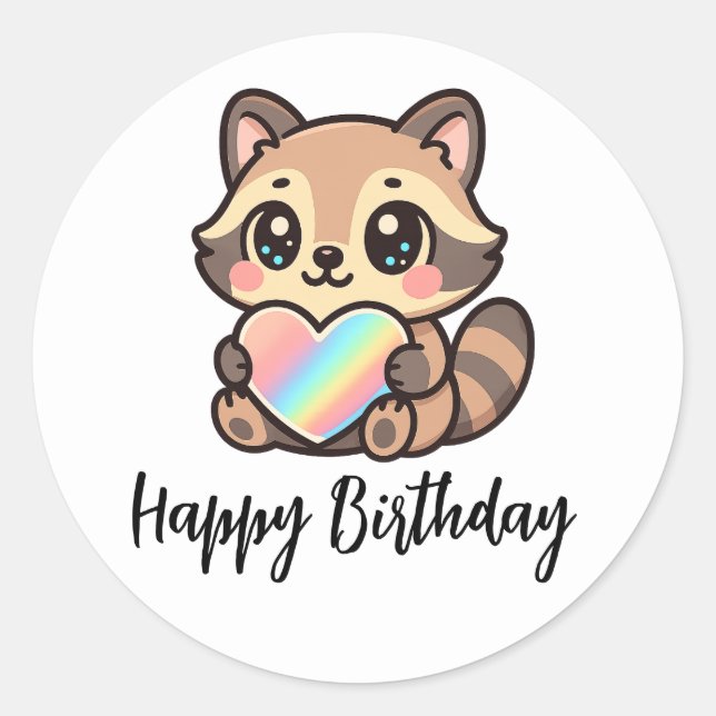 Adesivo Redondo Coração Arco-Íris Feliz Kawaii Guaxinim Feliz Aniv (Frente)