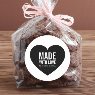 Adesivo Redondo Coração Branco e Negro Minimalista Feita com Amo