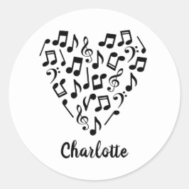 Adesivo Redondo Coração da Música Notas com Nome Amor Música