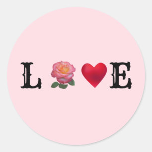 Adesivo Redondo Coração de amor e flor de rosa rosa