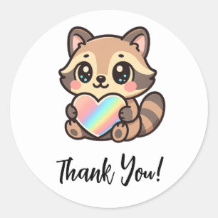 Adesivo Redondo Coração de Arco-Íris Fofo Feliz Kawaii Guaxinim Ob
