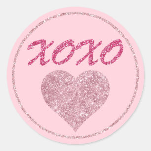 Adesivo Redondo Coração de Brilho Rosa XOXO Cute Dia dos Namorados
