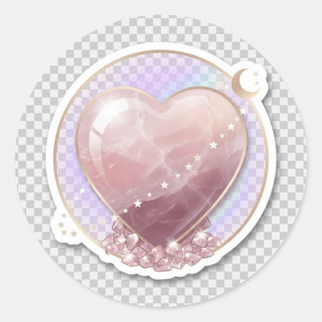 Adesivo Redondo Coração de Cristal de Quartzo Rosa | Lua Celestial (Frente)